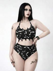 ROMWE Goth 2026新款夏季海灘度假性感暗黑龐克蝙蝠動物印花大尺碼泳衣套裝 - 黑色 - 查看 5