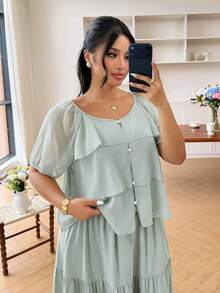 Modelyn Plus Size 2 Pieces Set: Chiffon Top And Woven Skirt, Suitable For Everyday Wear And Gatherings In Spring/Summer - Green - View 11