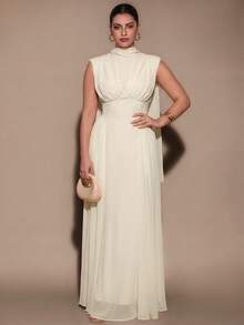 SHEIN BAE CURVE Plus Size Summer Elegant Solid Color Sleeveless Dress,Classy Cream Sleeveless High Neck Long Dress Pleated Detail Perfect For Evening Events - Apricot - View 4