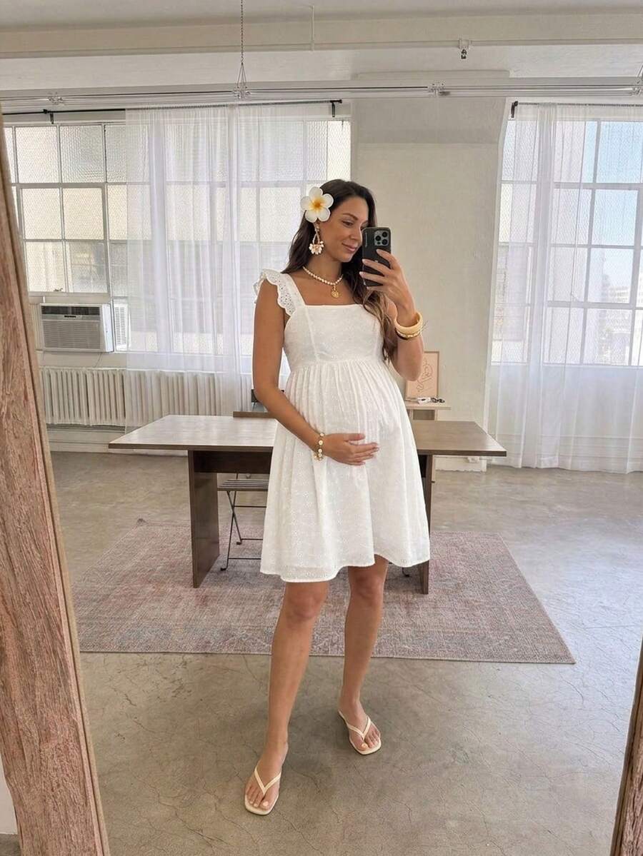 SHEIN Maternity Floral Lace Backless Dress For Summer - White - View 1