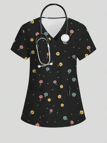 PopScrub 黑色雛菊印花女護士制服上衣，春夏時尚V領短袖雙口袋設計側開衩工作服，可愛女刷手服上衣，制服上衣 - 彩色 - 查看 1