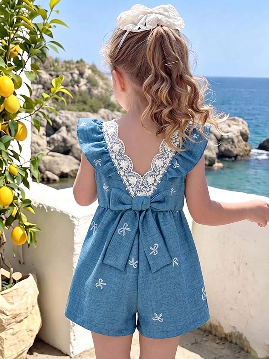 Souflis Souflis 2025夏季新款女童洋裝,蝴蝶印花荷葉邊飾邊V領收腰後背蝴蝶裝飾A字裙,鄉村風時尚女童洋裝 - 藍色 - 查看 1