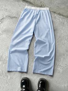 NEON BLANC Men's Slate Blue Striped Wide Leg Pants, Embroidered Drawstring Waist - Blue - View 2