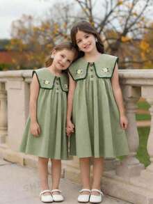 SHEIN Young Girl Pastoral Floral Embroidered Floral Pattern Ruffle Collar Dress, Versatile Floral Pattern Round Neck Ruffle Trim Contrast Color Dress,Girls' Floral Embroidered Dress, Peter Pan Collar, Ruffle Trim, Contrast Color Dress - Mint Green - View 5
