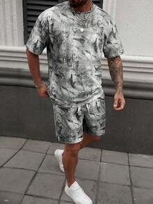 Manfinity CasualCool Men's Round Neck Printed Top And Waist Tie Shorts Casual Set - Multicolor - View 3