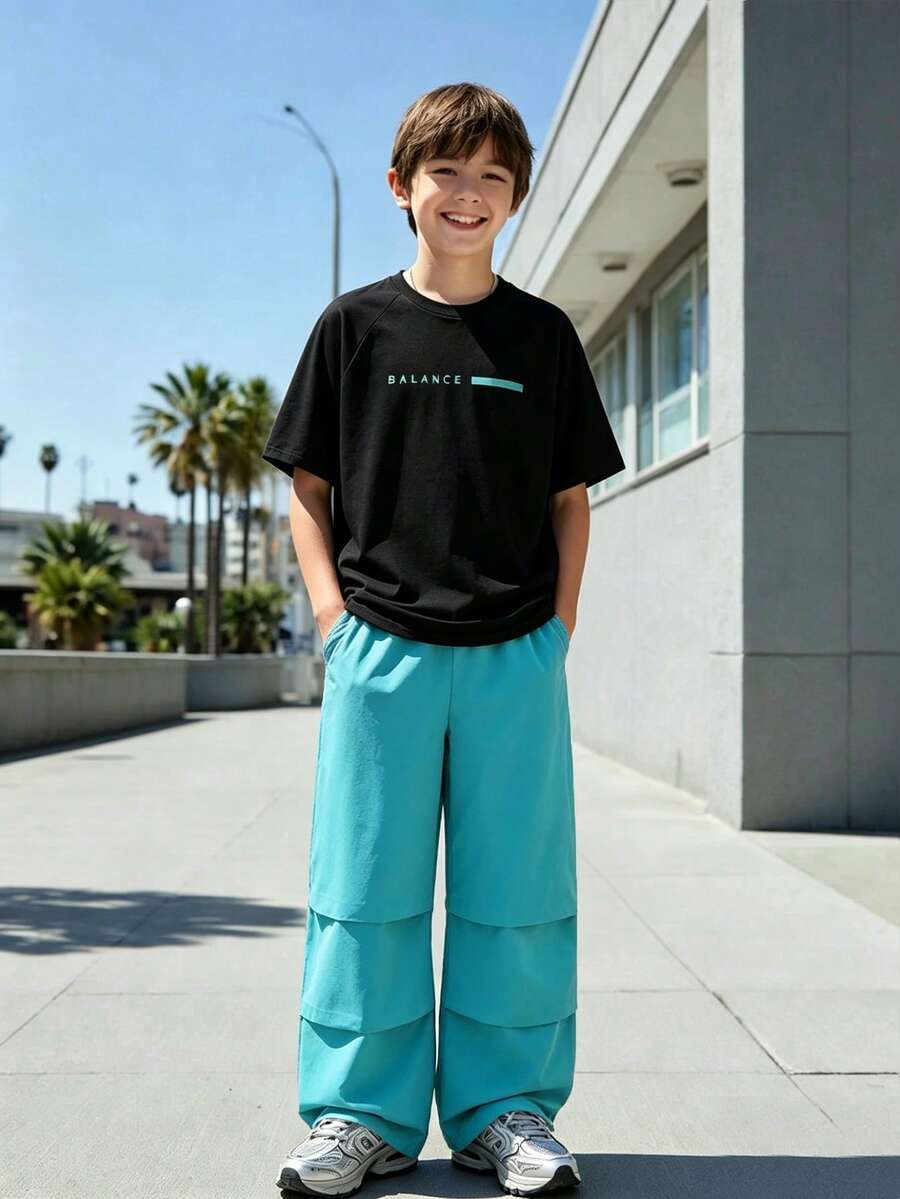 SHEIN 2pcs/Set Teen Boys Round Neck Casual Letter Print T-Shirt And Sweatpants Set, Comfortable And Fashionable, Suitable For Daily, Commuting And Travel - Multicolor - View 1