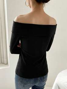Livesso Autumn Loose Business Casual Elegant Minimalist Fashion Office Wear Holiday Street Style Off-Shoulder Long Sleeve Women's T-Shirt Date Night Black - Black - View 3