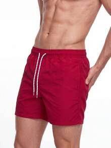 Manfinity KASUA Men Solid Color Drawstring Beach Shorts For Vacation Outfits - Red - View 1