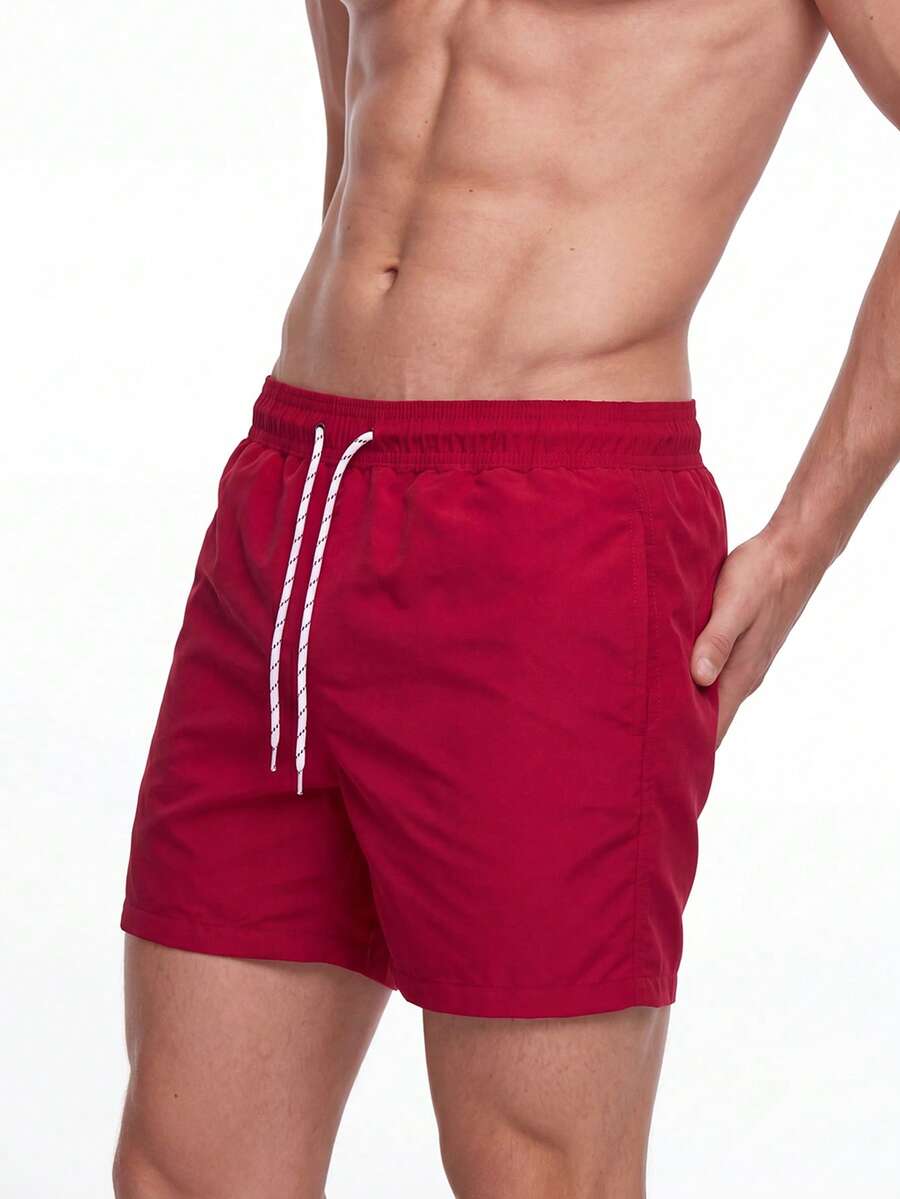 Manfinity KASUA Men Solid Color Drawstring Beach Shorts For Vacation Outfits - Red - View 1