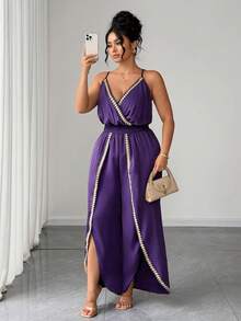SHEIN Clasi Plus Size Women's Shirred Cinched Waist Ruffle Hem Heart Tie Decor Jumpsuit, Casual Elegant Vacation Outfit Party Dark Purple Summer - Purple - View 3