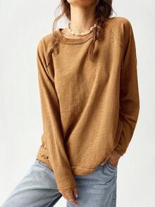 Bohemela 度假風素色針織圓領插肩袖長版寬鬆女款T恤 - 咖啡棕 - 查看 4