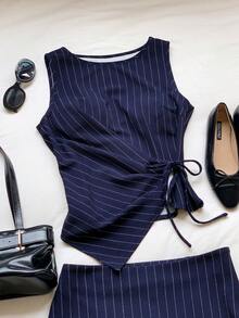 Comfortcana Women's Summer Commuter Elegant Navy Blue And White Tie-Up Asymmetric Hem Camisole And Mini Skirt 2 Pieces Set Office - Navy Blue - View 5