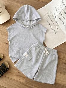 SHEIN 2pcs Kids Boys Casual Matching Outfit - Green Hoodie Top With Patch Loose Shorts, Soft Knit Fabric, Versatile For Outings, Home, School Family Vacation Summer - Grey - View 3