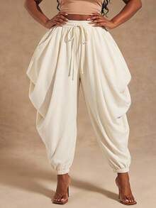 Radiana Plus Size Women's Solid Color Drawstring Waist Casual Harem Pants - Apricot - View 1