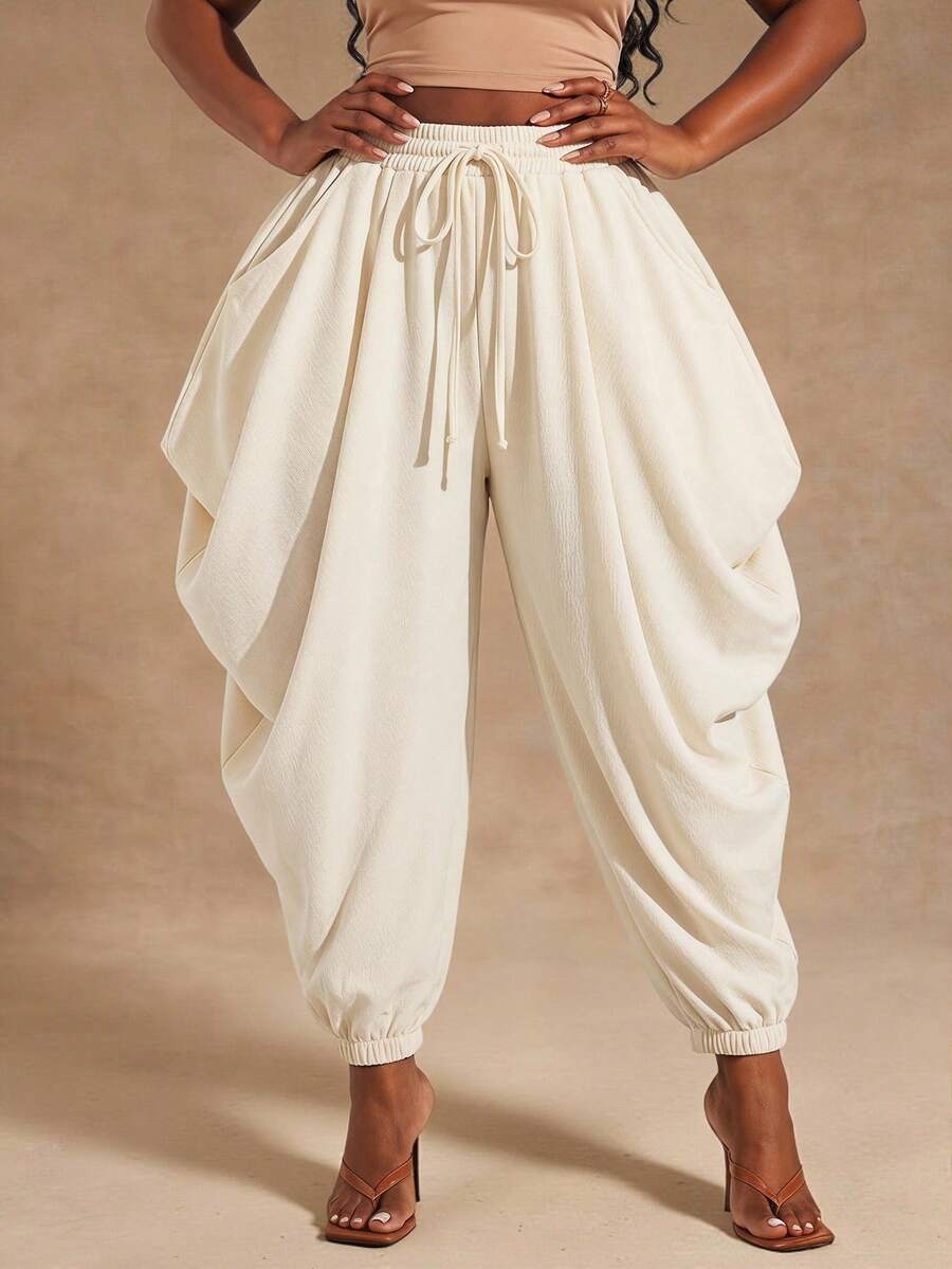 Radiana Plus Size Women's Solid Color Drawstring Waist Casual Harem Pants - Apricot - View 1