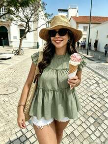 Vionelle Plus Size Loose Ruffle Patchwork Doll Blouse Vacation Sage Green Summer Cute - Olive Green - View 4