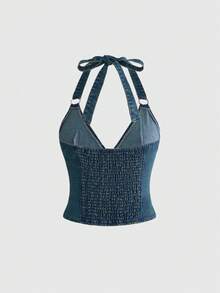ROMWE Top de mezclilla con cuello halter, anillo de metal, lavado de nieve desgastado, estilo vintage milenario Y2K para festival de música - Azul - Ver 2