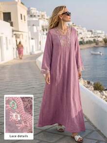 Yasmyna Robe élégante à col en V 2 en 1 avec patchwork de dentelle et manches évasées, printemps/été - Rose bonbon - Voir 6