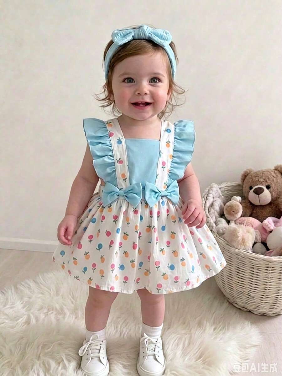 Souflis Souflis 1 chiếc váy bodysuit bé gái dễ thương tay cánh bướm màu trắng họa tiết hoa cầu vồng thỏ kèm nơ, phong cách ngọt ngào mùa hè, dùng cho dã ngoại, chụp ảnh lễ Phục sinh - Nhiều màu - Xem 1