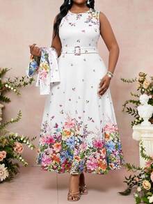 Fleurora Plus Size Elegant Floral Print Jacket And Dress 2 Pieces Set Fall Clothes Women's Winter Autumn Outfit Wedding Mother Of The Bride Formal White - Multicolor - View 4
