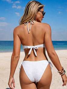 Swim Vcay Set Baju Renang Wanita Model Halter Neck dengan Kain Berongga - Putih - View 2