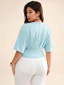 Auralis Deep V-Neck Mint Green Plus Size Short-Sleeved T-Shirt With Gathered Waist For A Slimming Effect, Perfect For Summer Commuting And The Workplace. - Mint Blue - View 2
