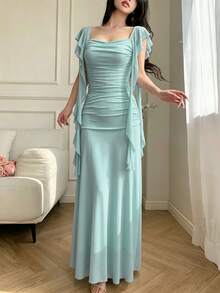 Celisse Women's Elegant Ruffle Hem Patchwork Long Dress, Pleated Design - Turquoise - View 4