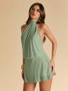 SHEIN BAE Sage Green Spaghetti Strap Backless Ruffle Hem Mini Dress For Women, Elegant Summer, Vacation, Sexy, Outing, Date Night Out, Valentine's Day Outfit - Mint Green - View 4