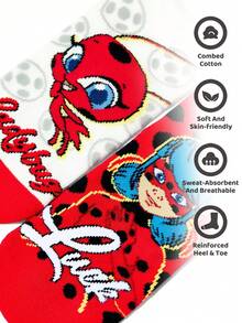 Miraculous Ladybug X SHEIN Miracle Girl Joint 女童棉質柔軟透氣吸濕排汗 2雙襪子，可愛卡通圖案，加強腳趾與腳跟設計耐穿，適合四季日常上學戶外夏季穿著 - 混色 - 查看 2