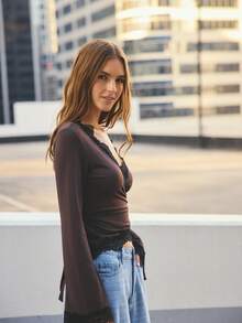 Aralina Women's Stretch Contrast Lace Longsleeve Sleeve Wrap V Neck Top Flare Sleeve Top Festival - Coffee Brown - View 15
