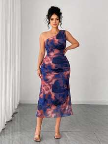 Elenzga Plus Size Mesh Printed Asymmetric Shoulder Dress - Multicolor - View 3