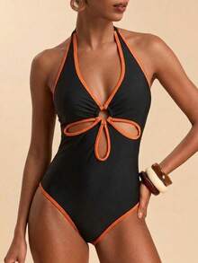Travachic Women's Summer Beach Vacation Style Contrast Trim Hollow Out Backless Tie Front One-Piece Swimsuit - Multicolor - View 1