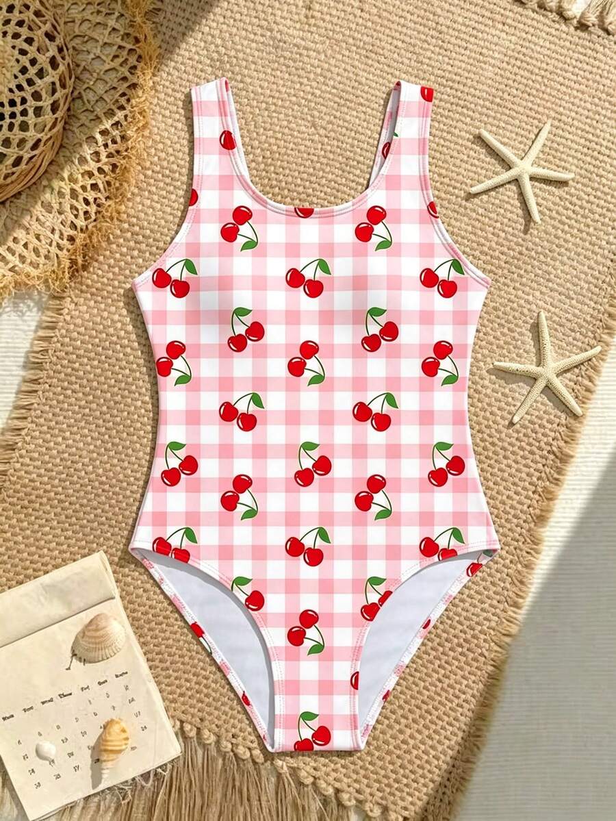 SHEIN 少女格子樱桃印花连体泳衣,交叉露背+圆领设计,适合游泳、夏季度假、海滩、泳池、派对、休闲假期等场合。 - 彩色 - 查看 1