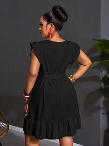 Slaydiva Plus Size Casual Elegant Solid Color Ruffle Hem Dress Brunch Black Summer - Black - View 4