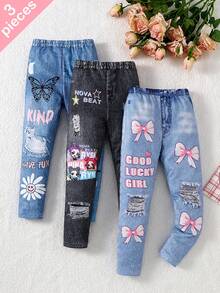 Leggings multicolor con efecto denim, estampado de grupo de chicas, letras y lazo para niña joven - Multicolor - Ver 5