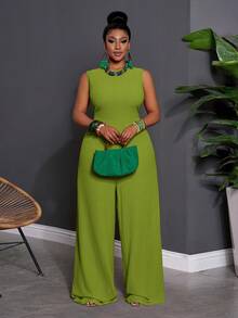 Slaydiva Early Spring Lightweight Vacation Sleeveless Solid Color Plus Size Women's Jumpsuit - Olive Green - View 1