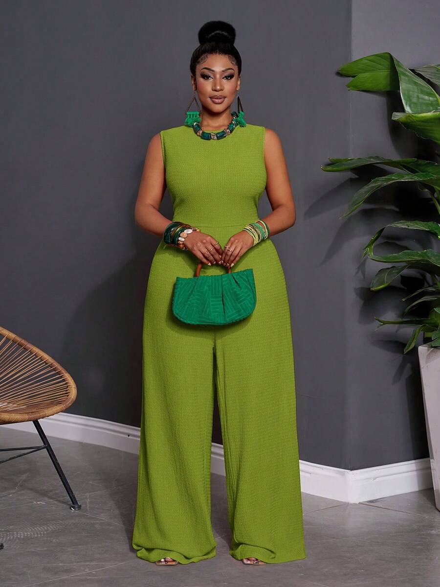 Slaydiva Early Spring Lightweight Vacation Sleeveless Solid Color Plus Size Women's Jumpsuit - Olive Green - View 1