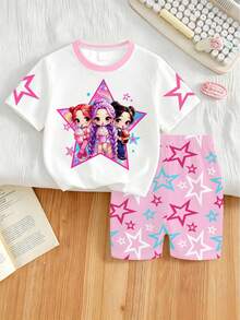 Girls' Casual Fashion Creative 3-Piece Cute Girl, Star Pattern Short Sleeve T-Shirt Set, Comfortable Daily Wear For Spring, Summer, Autumn - Multicolor - View 4