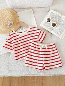 LMoss Kids 2pcs Baby Girl Knitted Striped Round Neck T-Shirt And Shorts Set - Red and White - View 3