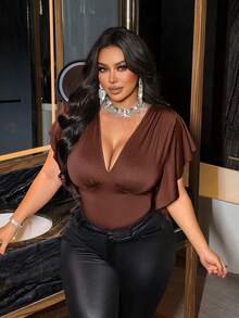 NU&NOW Plus Size Retro Sexy American V-Neck Ruffle Trim Waist Design T-Shirt Cocktail Chocolate Brown Summer - Black - View 2