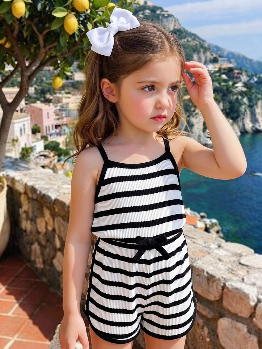 SHEIN Elladie kids 女童夏季新款極簡運動風白色條紋抽繩拼接色無袖連身褲,蝴蝶結腰飾休閒運動連身短褲 - 黑與白 - 查看 1