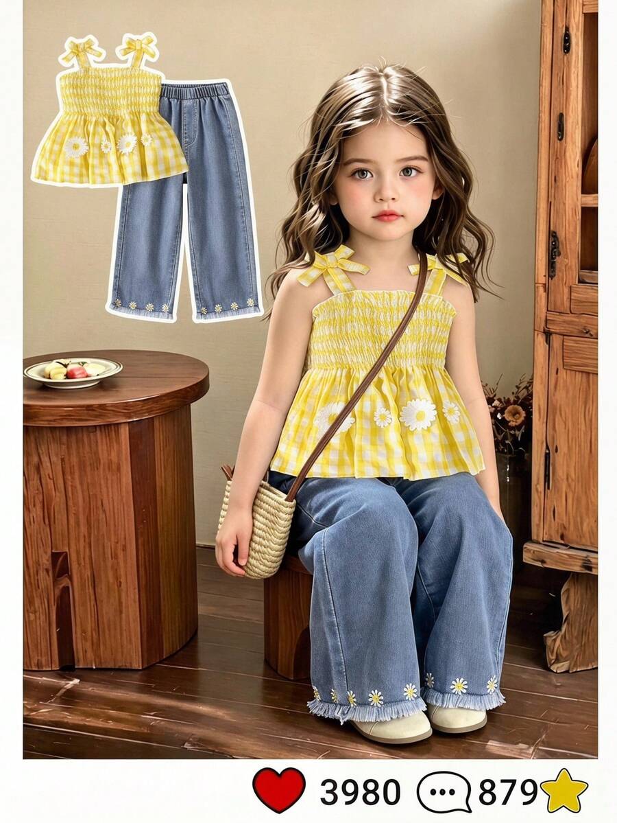 SHEIN Playful Pals 女婴舒适时尚休闲套装，常规厚度，可爱蝴蝶结3D立体花卉格纹背带上衣搭配刺绣牛仔裤，两件套，适合春夏季节日常穿着，居家、外出、旅行、上学、度假等场合。