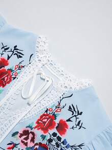 SHEIN Franclia 女款花卉印花荷葉邊飾優雅花卉襯衫 - 藍色 - 查看 3
