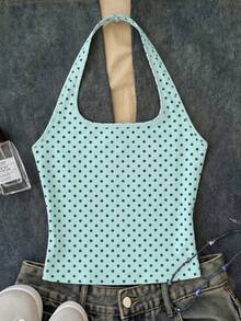 Tween Girls Fresh Mint Green Long Casual Halter Neck Top, Slim Fit Tank Top Suitable For Summer - White - View 3