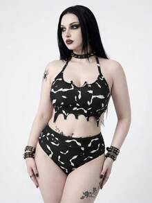 ROMWE Goth 2026新款夏季海灘度假性感暗黑龐克蝙蝠動物印花大尺碼泳衣套裝 - 黑色 - 查看 1
