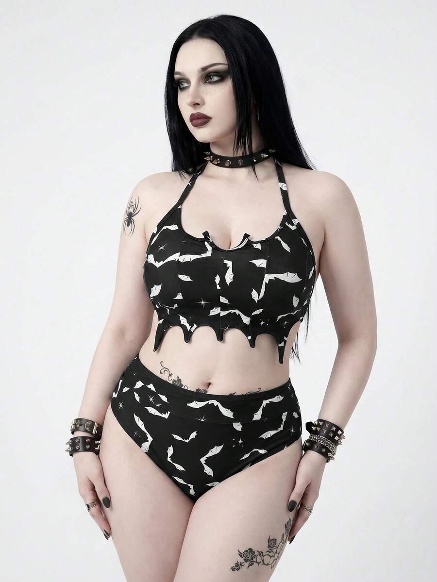 ROMWE Goth 2026新款夏季海灘度假性感暗黑龐克蝙蝠動物印花大尺碼泳衣套裝 - 黑色 - 查看 1