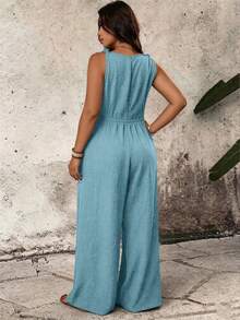 Breezaya Plus Size Casual Vacation Solid Color V-Neck Knot Shoulder Strap Sleeveless Tie Waist Wide Leg Jumpsuit - Teal Blue - View 2
