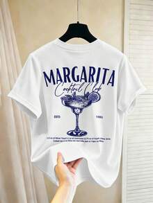 Manfinity Hypemode Men Plus Size Summer Beach Casual Round Neck Short Sleeve T-Shirt With Tropical Alcohol & Slogan Print, Holiday - White - View 1
