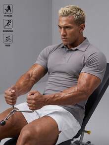 GymBeat Kaos Polo Olahraga Lengan Pendek Rajut Bergaris untuk Pria, Cocok untuk Kebugaran, Lari, Bersepeda, dan Gym - Grey - View 3