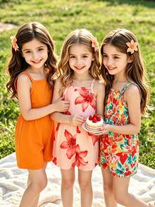 SHEIN Elladie kids 3件組少女夏季連身褲套裝：純色與波希米亞花卉印花，彈性腰部舒適，海灘度假風連身短褲 - 彩色 - 查看 4